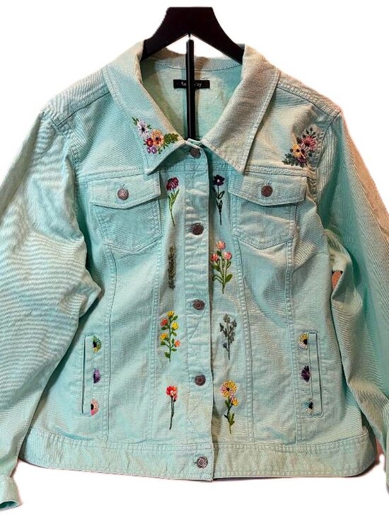 Hand Crafted Jackets & Blazers - Women's Plus size Bohemian Hand Embroidered Frayed Mint Green Denim Jacket XXL
